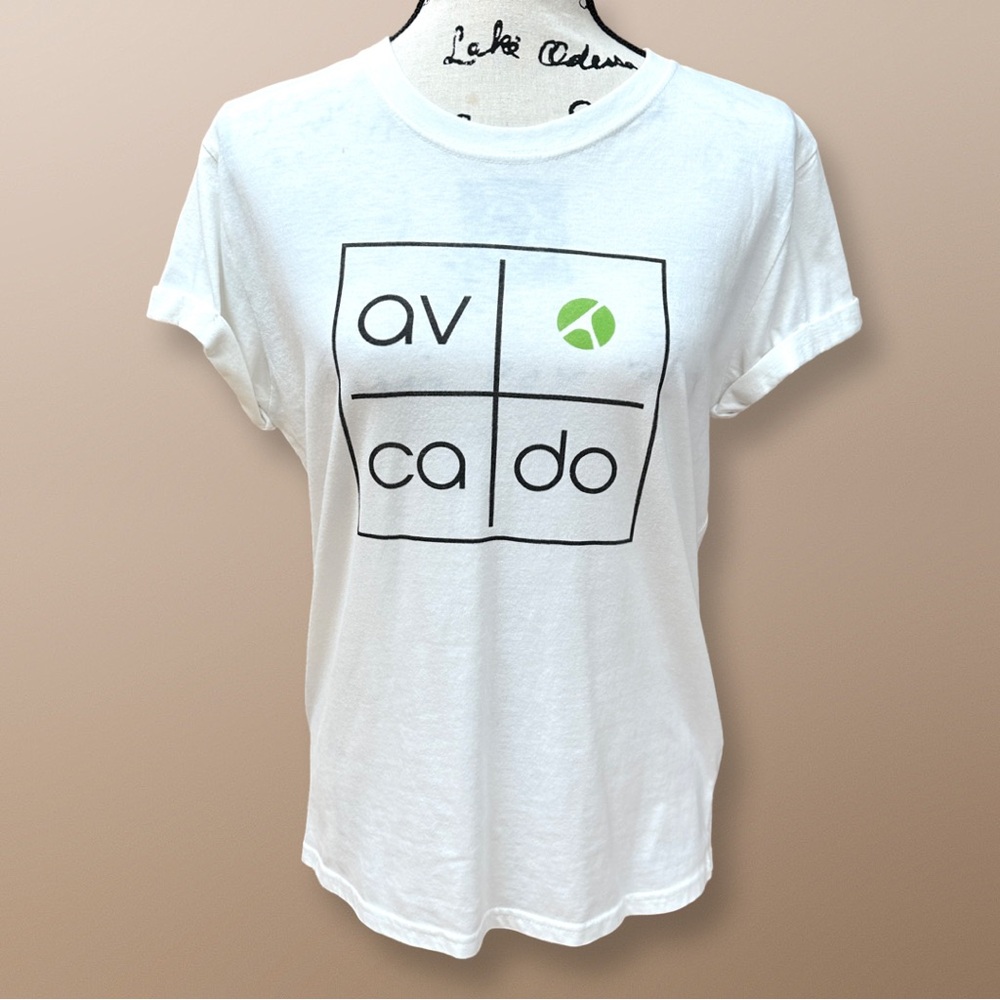 AVOCADO Graphic Split Logo Tee White Short Sleeve Rolled Hem Size S GUC